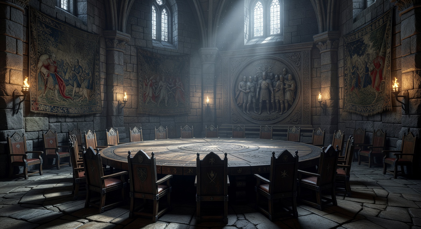 Ancient Round Table in a mystical stone hall