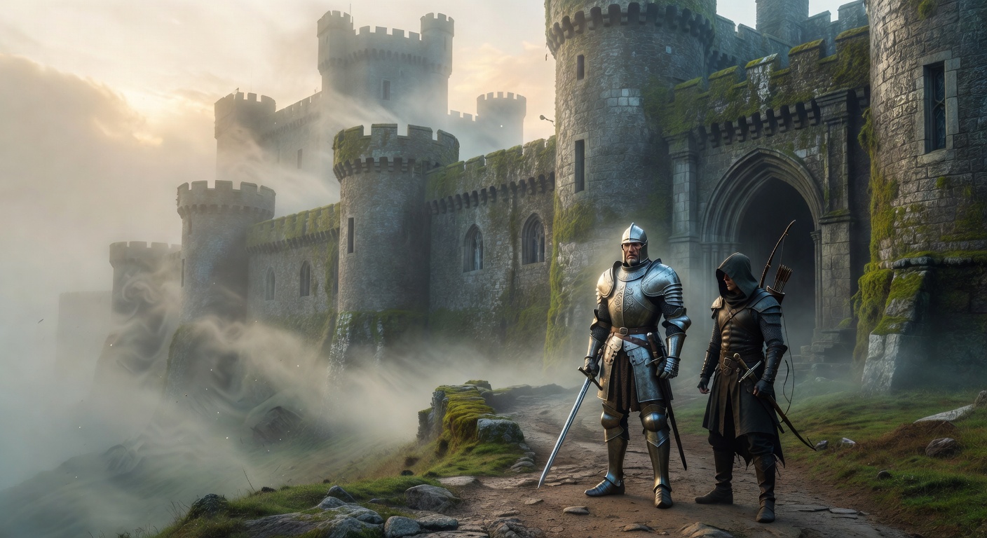 Mystical Camelot Castle hidden in morning mist