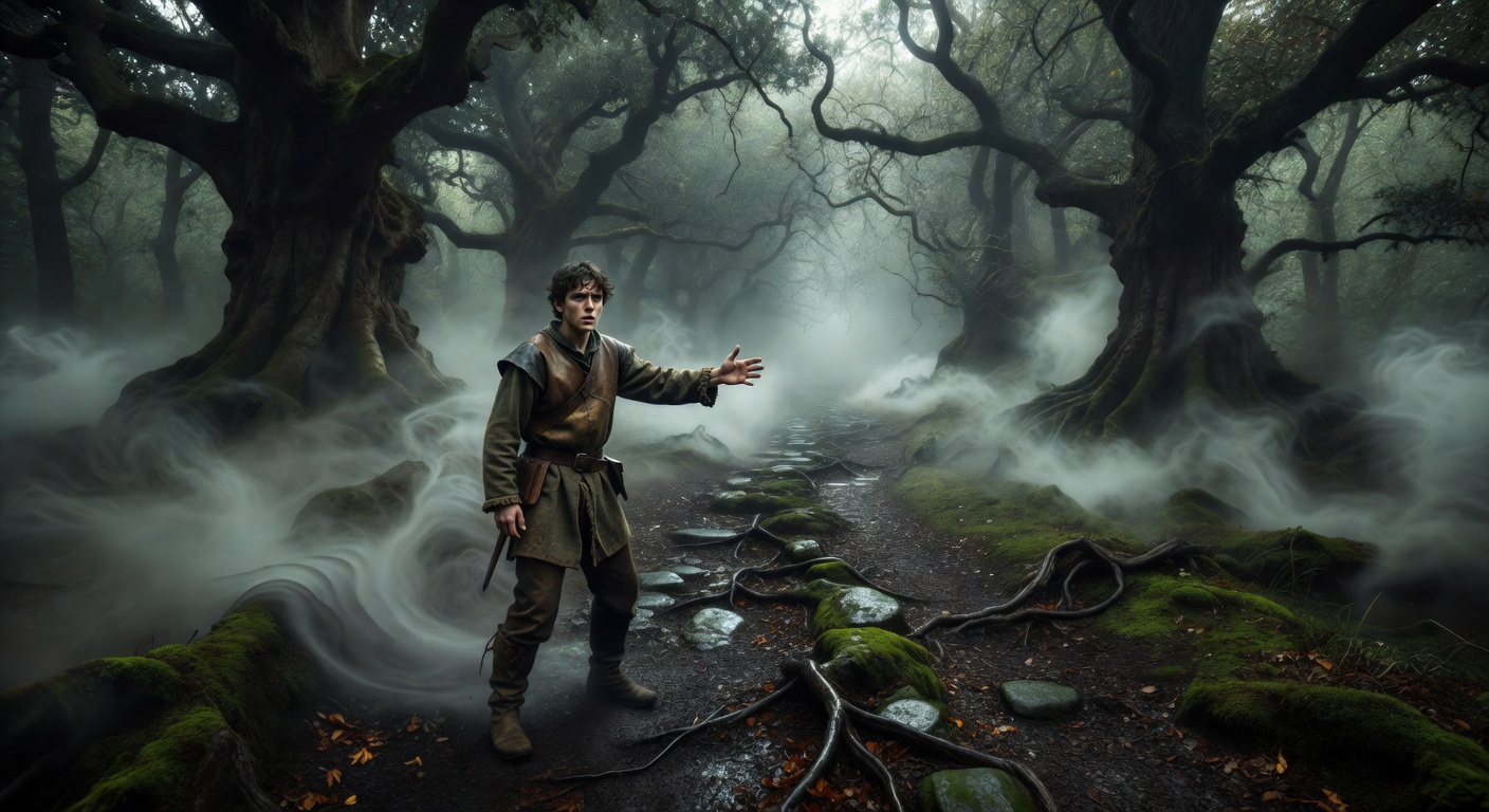 A dark misty path leading through a medieval forest